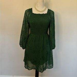 Rare Edition Emerald Green Smocked Chiffon Dress | Sheer Sleeves